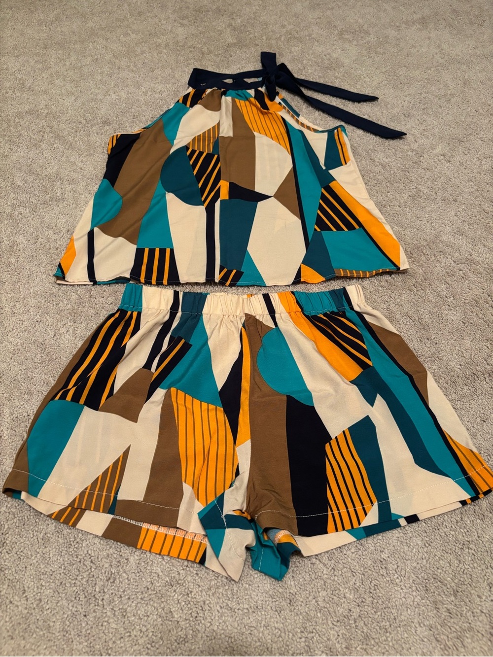 SHEIN Geometric Print Two-Piece Set - Teal, Mustard, Brown